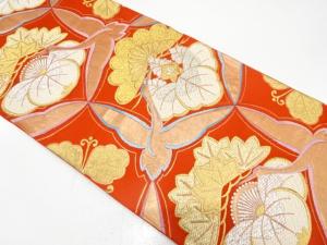 アンティーク　鶴に笠松・梅・桐模様織り出し袋帯（着用可）